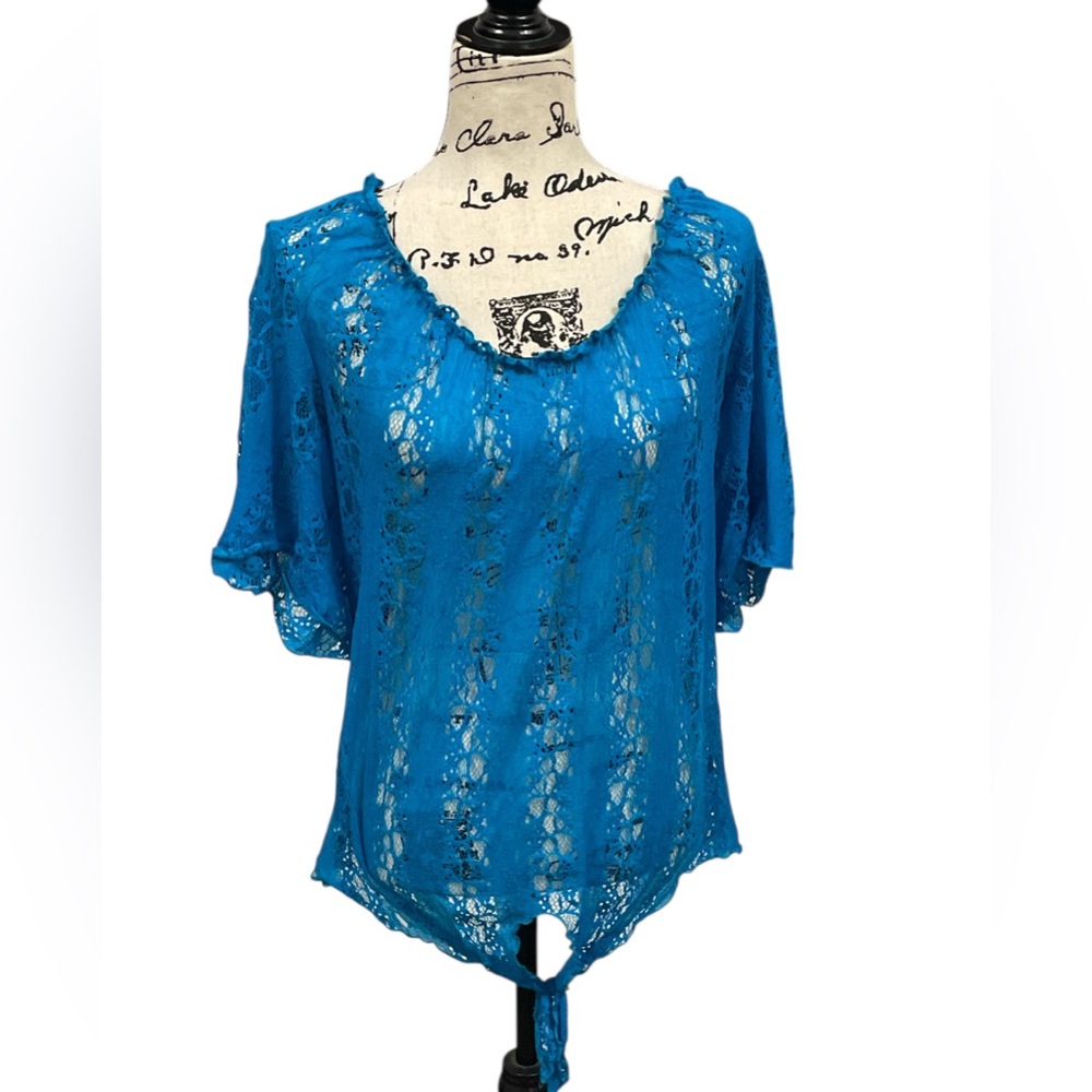 Debs Blue Lace Blouse Women’s Plus Size 2X Tie Front Short Sleeve Top